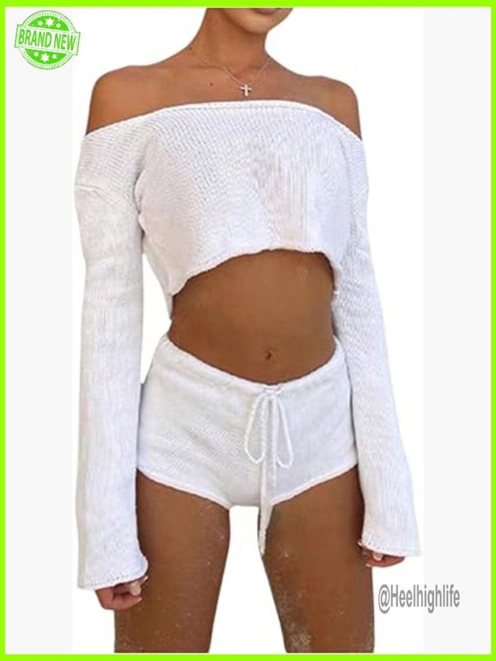Crochet Shorts Set Off Shoulder Crop Top Long Sleeve Lightweight Polyester